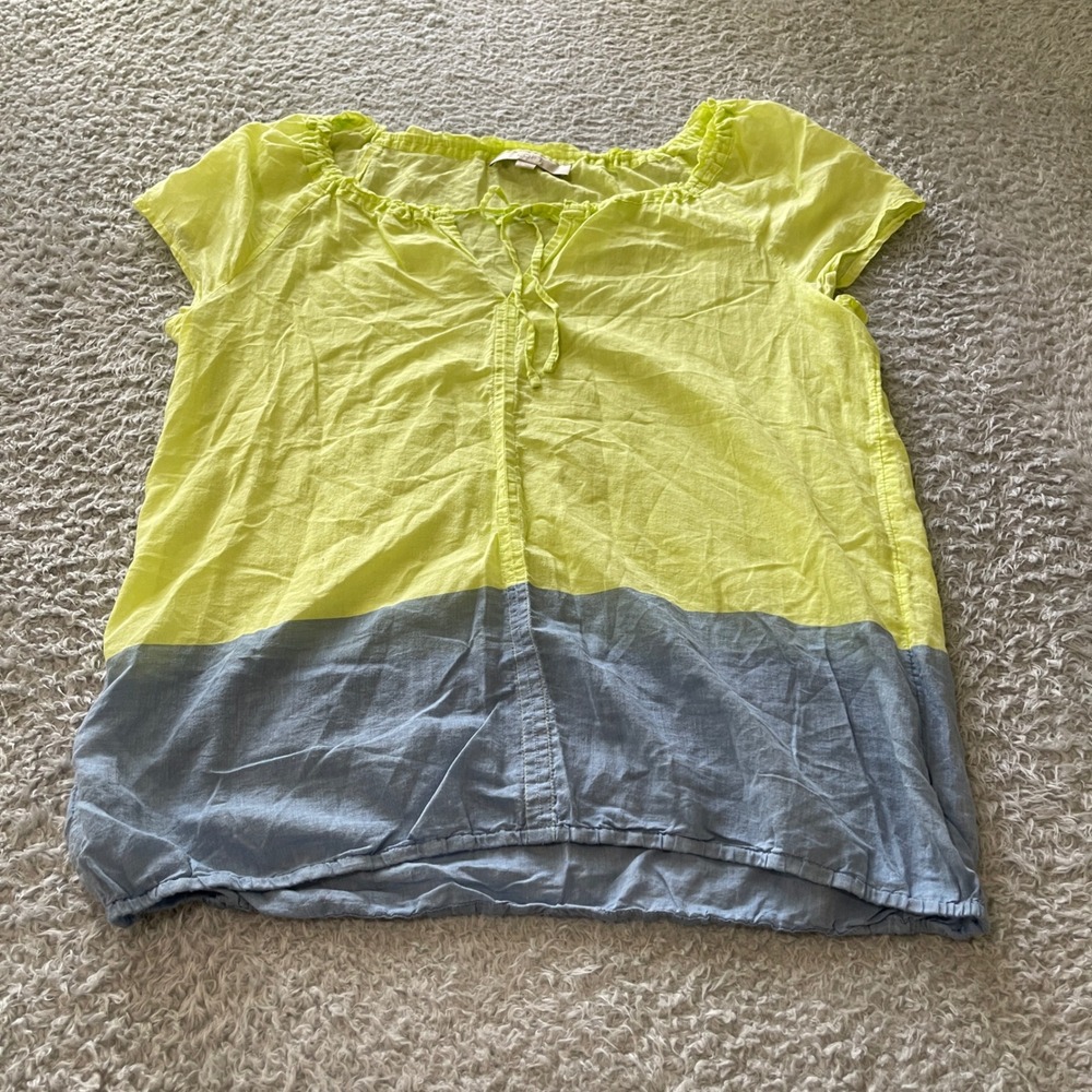 Loft Womens Small Neon Yellow Blue Colorblock Cotton Tie Neck Short Sleeve
